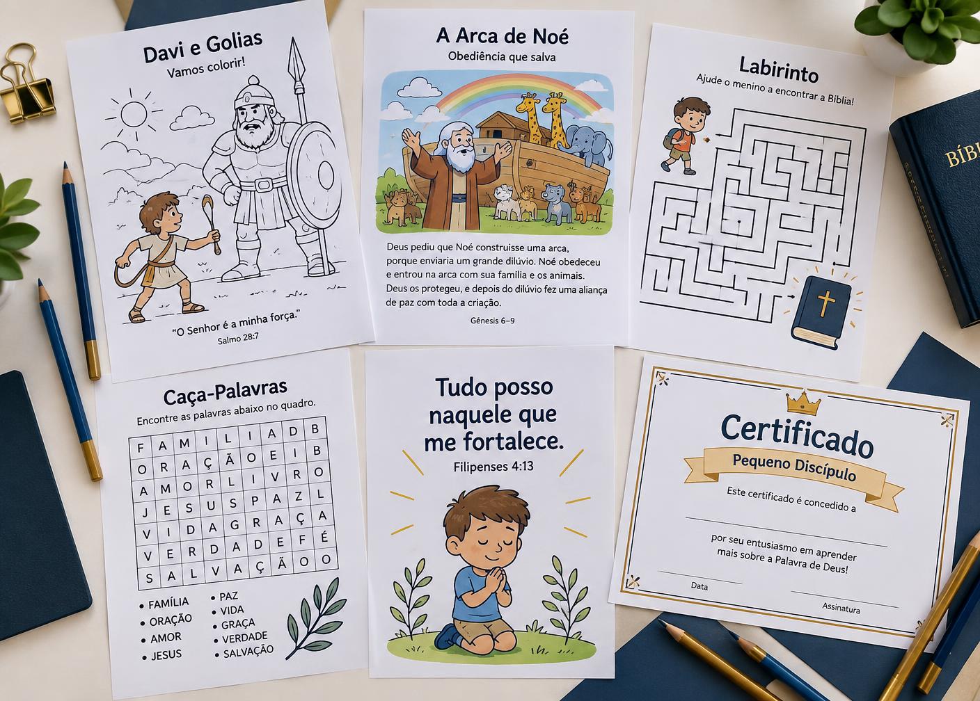 Folhas impressas com histórias, desenhos, labirinto, caça-palavras, versículo e certificado